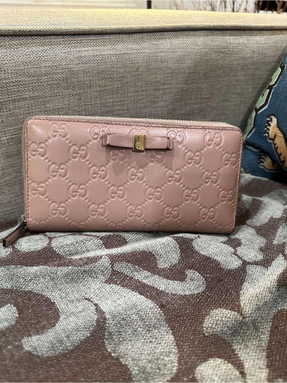 Gucci Blush Pink Embossed GG Zip Wallet with Bow